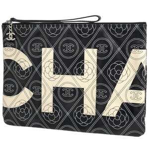 CHANEL Black Coated Canvas Logo Clutch Bag